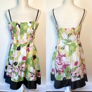 Bebe M Dress Floral Fit Flare Cotton Silk Lined Spaghetti Straps Black
